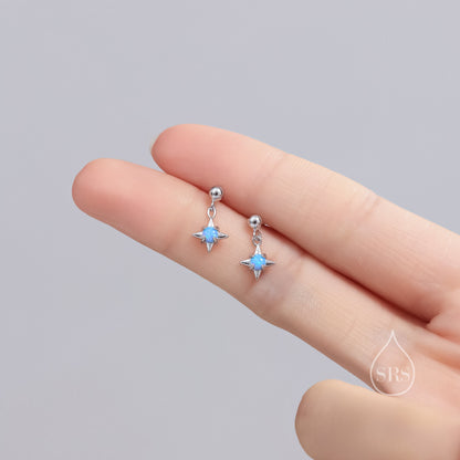 Tiny Blue Opal Star Dangle Stud Earrings in Sterling Silver, Silver or Gold, Lab Opal Star Earrings, Sunburst Earrings, Celestial