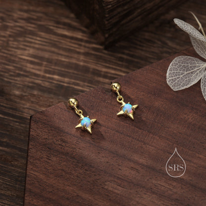 Tiny Blue Opal Star Dangle Stud Earrings in Sterling Silver, Silver or Gold, Lab Opal Star Earrings, Sunburst Earrings, Celestial