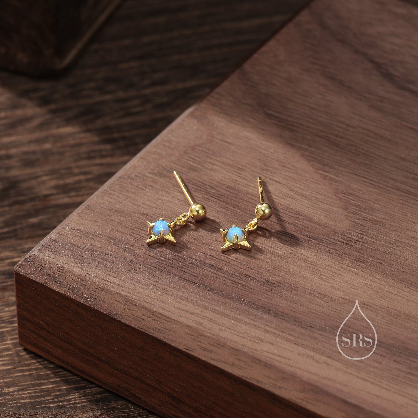 Tiny Blue Opal Star Dangle Stud Earrings in Sterling Silver, Silver or Gold, Lab Opal Star Earrings, Sunburst Earrings, Celestial