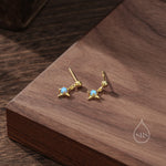 Tiny Blue Opal Star Dangle Stud Earrings in Sterling Silver, Silver or Gold, Lab Opal Star Earrings, Sunburst Earrings, Celestial
