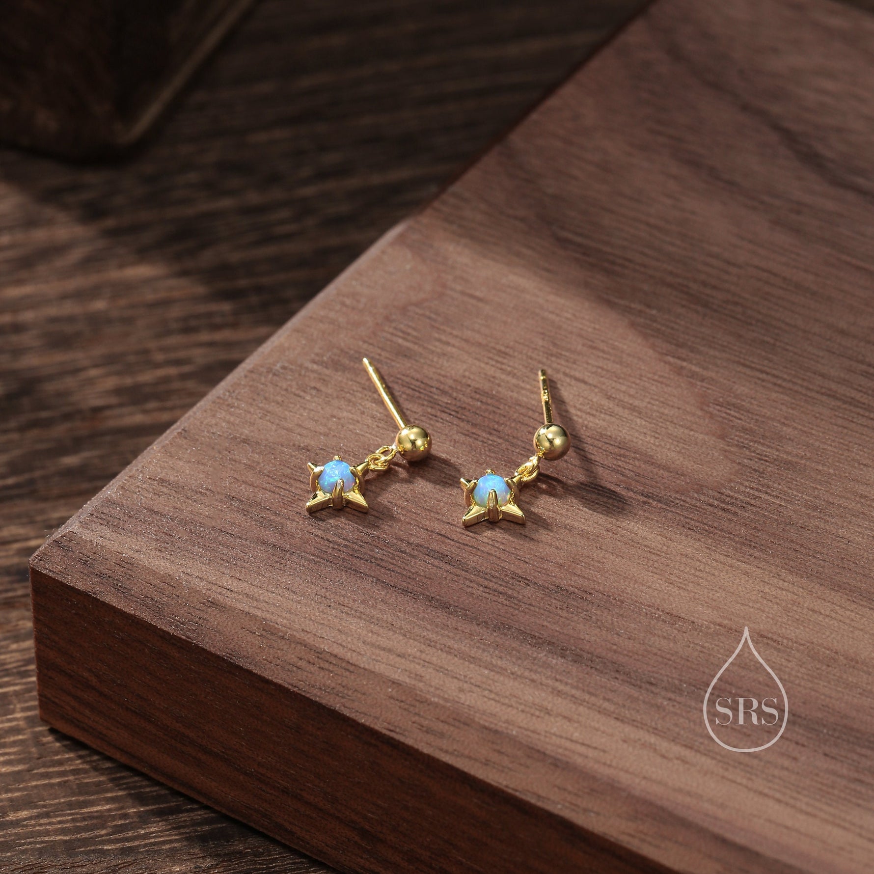Tiny Blue Opal Star Dangle Stud Earrings in Sterling Silver, Silver or Gold, Lab Opal Star Earrings, Sunburst Earrings, Celestial