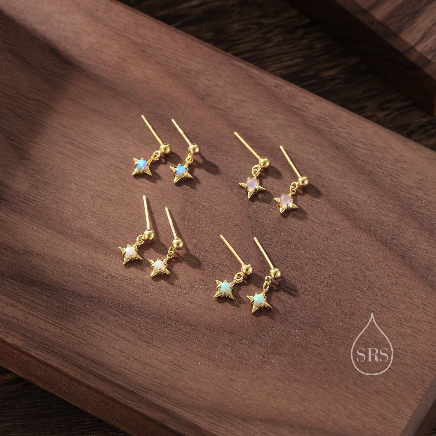 Aqua Green Opal Star Dangle Stud Earrings in Sterling Silver, Silver or Gold, Lab Opal Star Earrings, Sunburst Earrings, Celestial Earrings