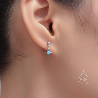 Aqua Green Opal Star Dangle Stud Earrings in Sterling Silver, Silver or Gold, Lab Opal Star Earrings, Sunburst Earrings, Celestial Earrings