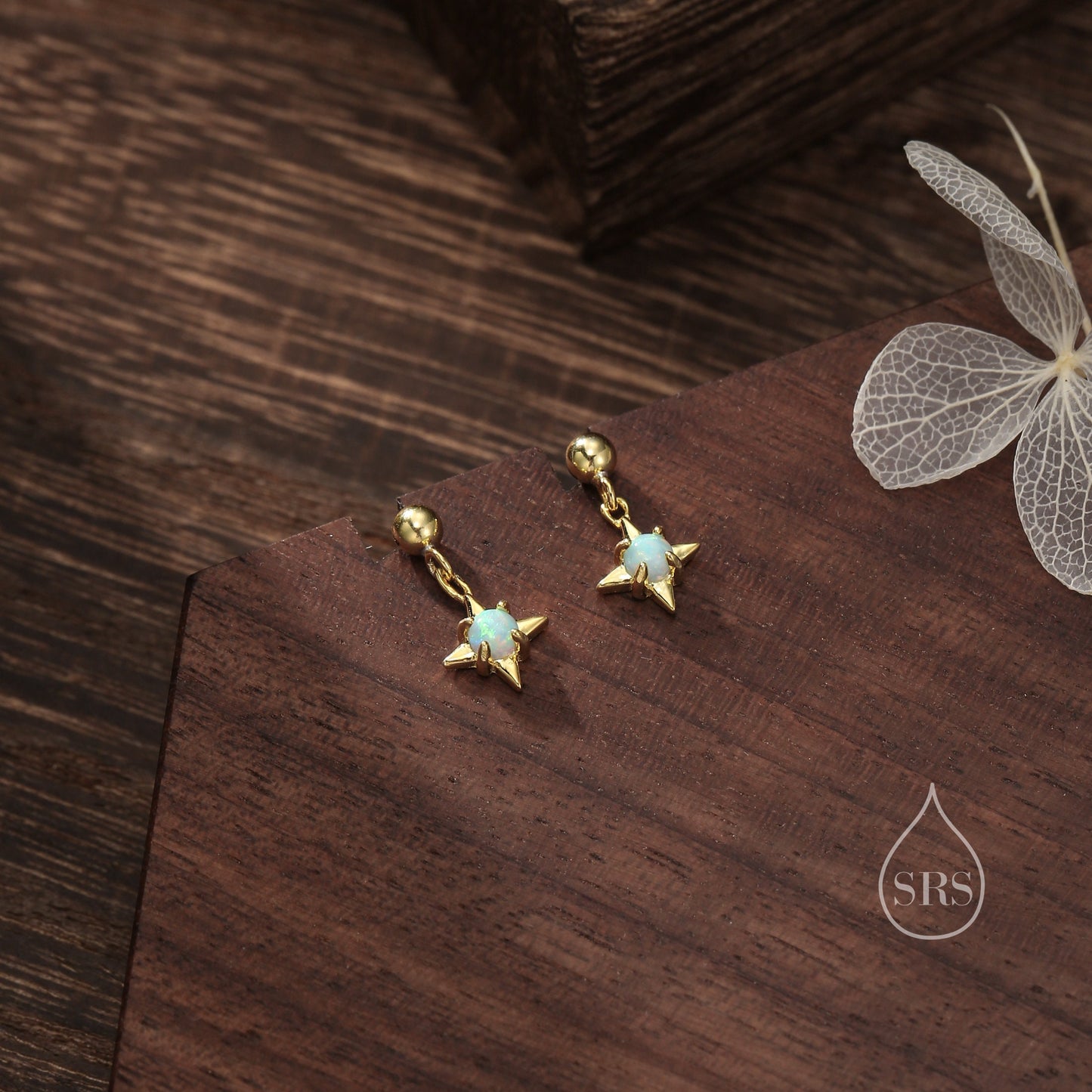 Aqua Green Opal Star Dangle Stud Earrings in Sterling Silver, Silver or Gold, Lab Opal Star Earrings, Sunburst Earrings, Celestial Earrings