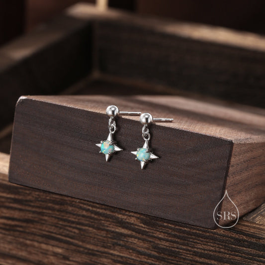 Aqua Green Opal Star Dangle Stud Earrings in Sterling Silver, Silver or Gold, Lab Opal Star Earrings, Sunburst Earrings, Celestial Earrings