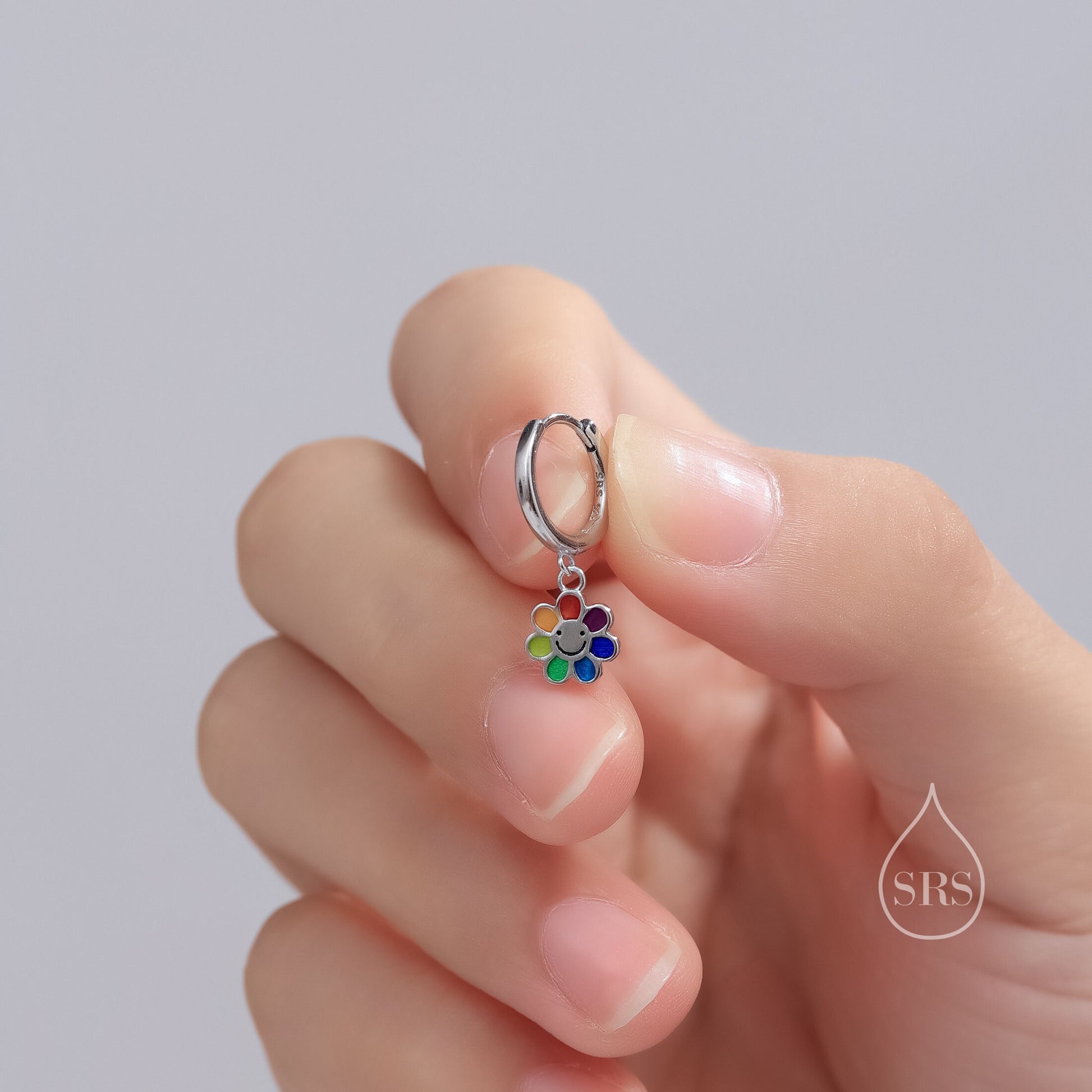 Enamel Smiling Flower Huggie Hoop Earrings in Sterling Silver, Silver Rainbow Flower Earrings, Multi Colour Flower Hoops in Sterling Silver