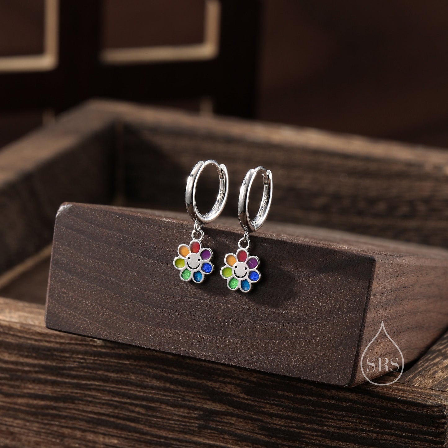 Enamel Smiling Flower Huggie Hoop Earrings in Sterling Silver, Silver Rainbow Flower Earrings, Multi Colour Flower Hoops in Sterling Silver