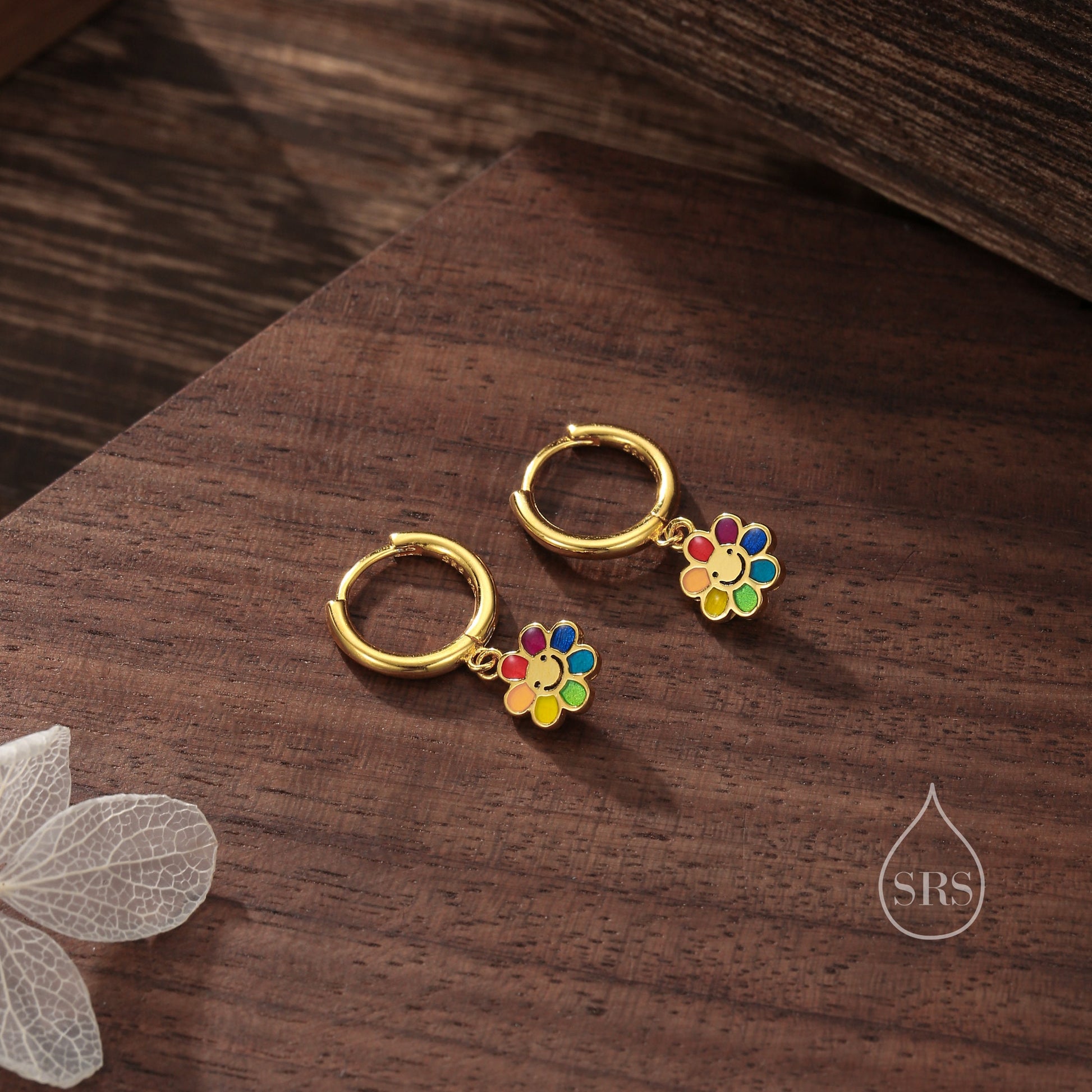 Enamel Smiling Flower Huggie Hoop Earrings in Sterling Silver, Silver Rainbow Flower Earrings, Multi Colour Flower Hoops in Sterling Silver