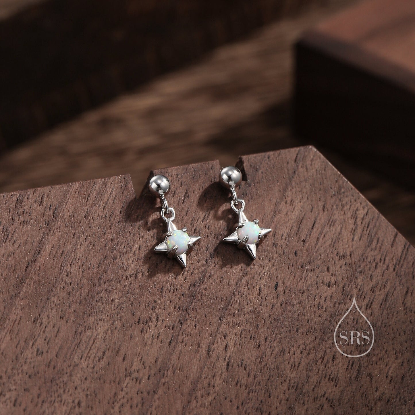 White Opal Star Dangle Stud Earrings in Sterling Silver, Silver or Gold, Lab Opal Star Earrings, Sunburst Earrings, Celestial Earrings