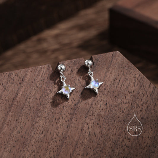 Moonstone Star Dangle Stud Earrings in Sterling Silver, Silver or Gold, Lab Moonstone Star Earrings, Sunburst Earrings, Celestial Earrings