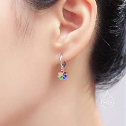 Enamel Smiling Flower Huggie Hoop Earrings in Sterling Silver,  Silver Rainbow Flower Earrings, Multi Colour Flower Hoops in Sterling Silver