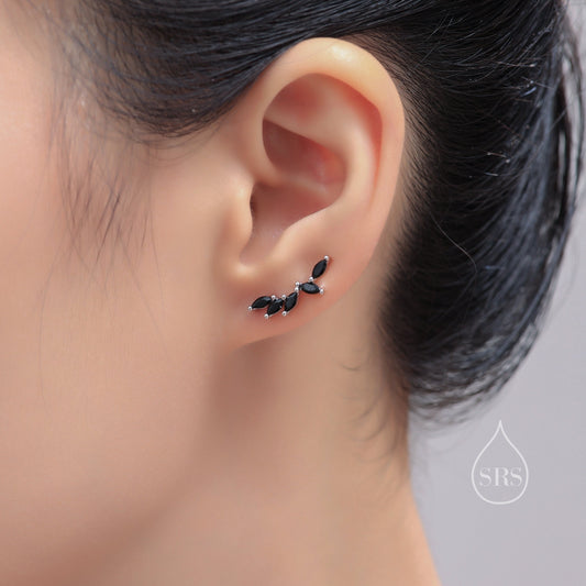 Black CZ Cluster Crawler Earrings in Sterling Silver, Silver or Gold, Black CZ Marquise Ear Crawlers, CZ Cluster Earrings