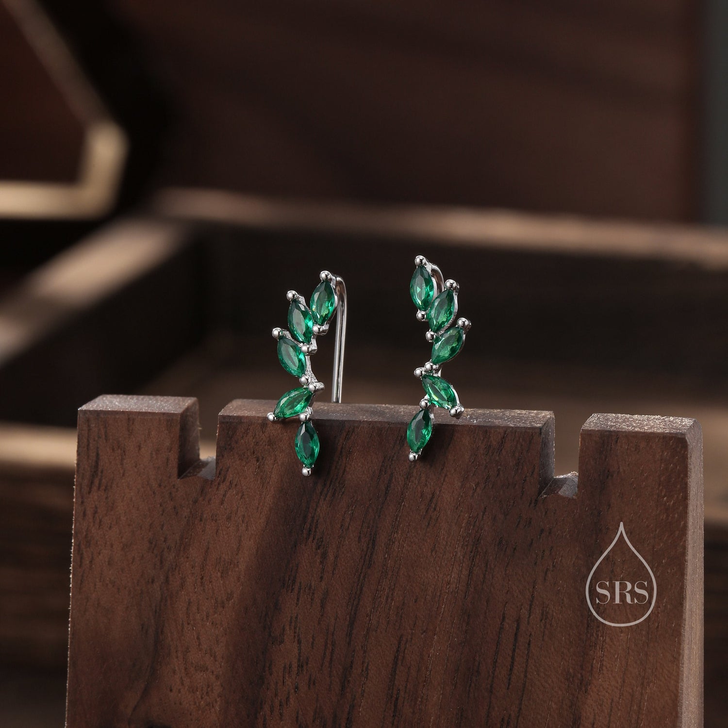Emerald Green CZ Cluster Crawler Earrings in Sterling Silver, Silver or Gold, Green CZ Marquise Ear Crawlers, CZ Cluster Earrings
