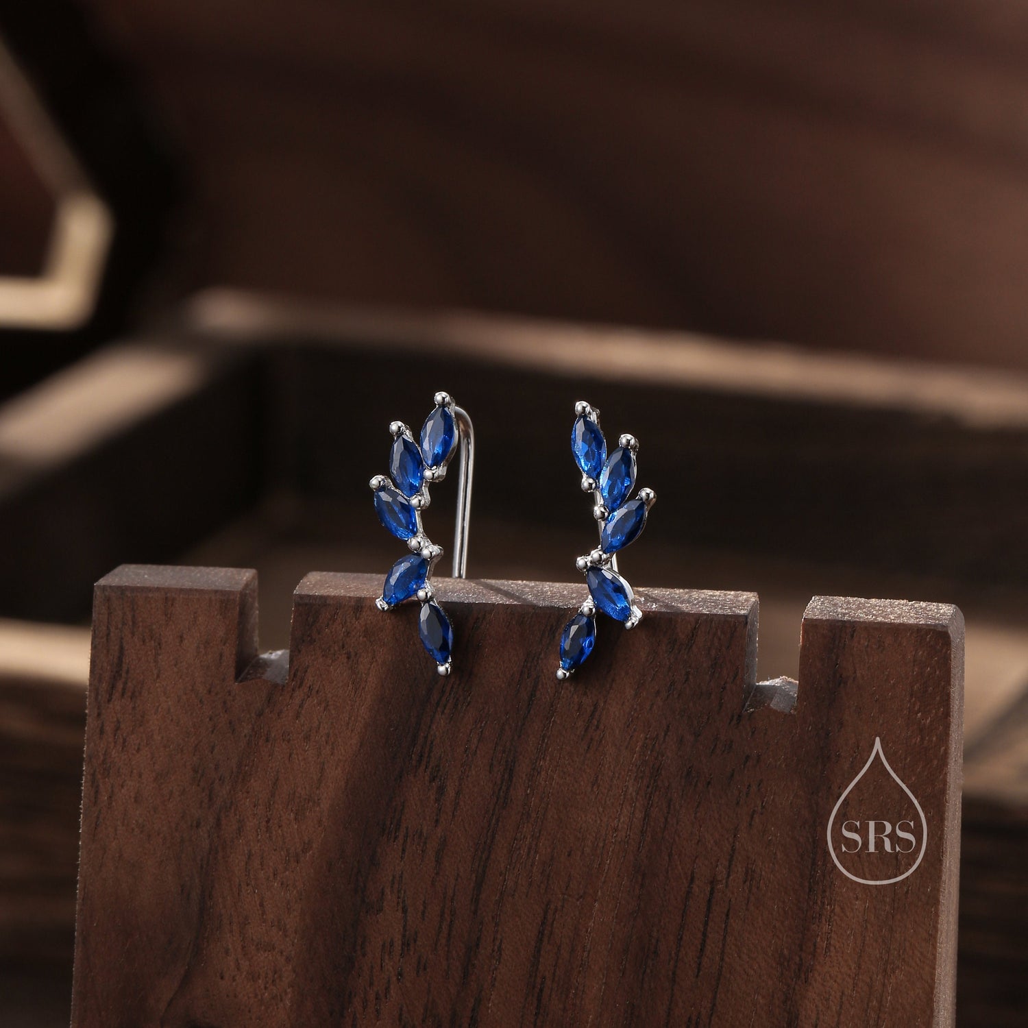 Sapphire Blue CZ Cluster Crawler Earrings in Sterling Silver, Silver or Gold, Blue CZ Marquise Ear Crawlers, CZ Cluster Earrings