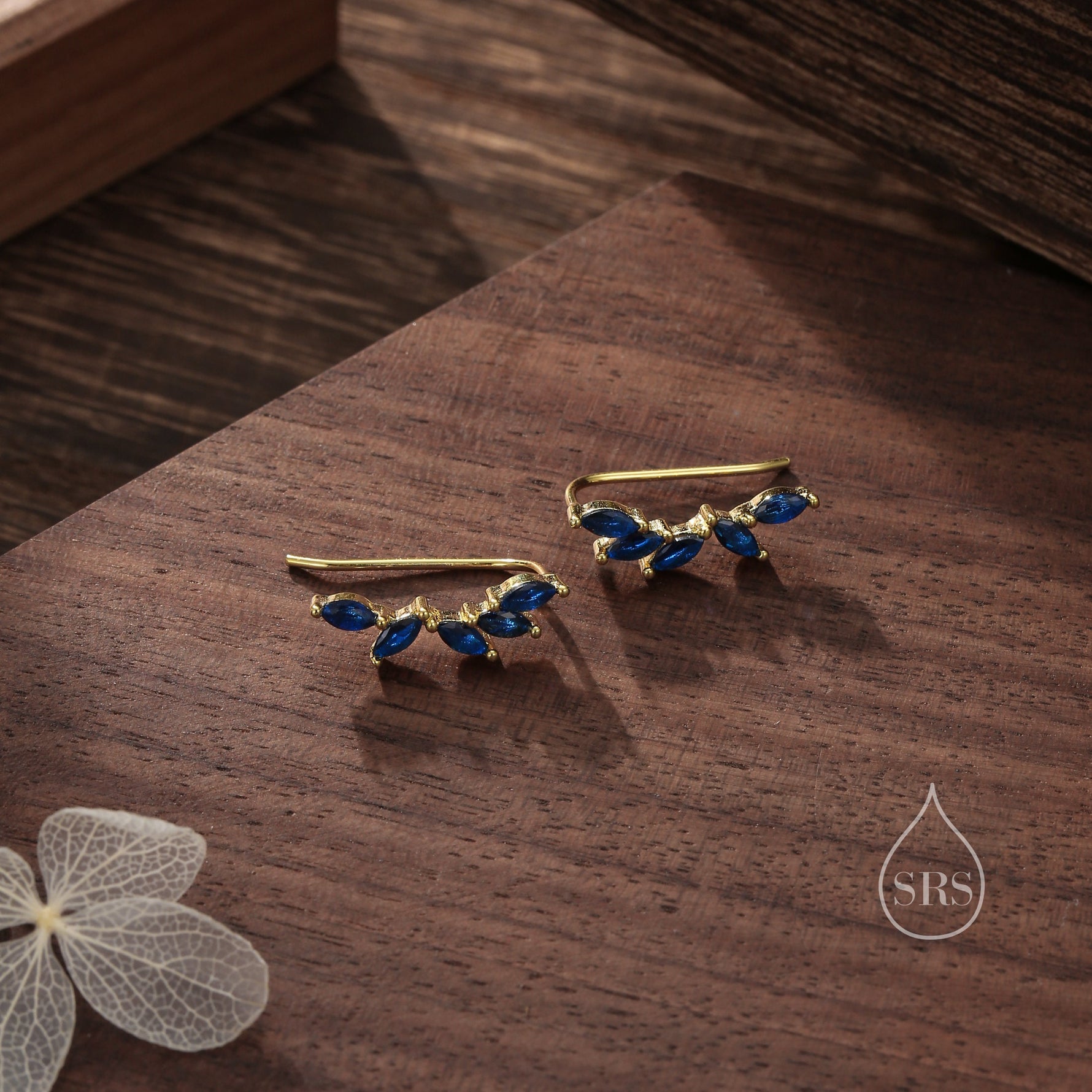 Sapphire Blue CZ Cluster Crawler Earrings in Sterling Silver, Silver or Gold, Blue CZ Marquise Ear Crawlers, CZ Cluster Earrings