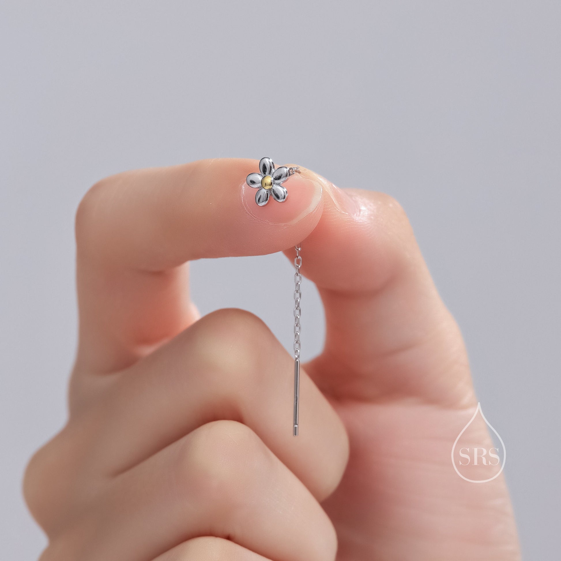 Forget Me Not Threader Earrings in Sterling Silver, Daisy Flower with Dangle Chain Earrings, Flower Chain Earrings