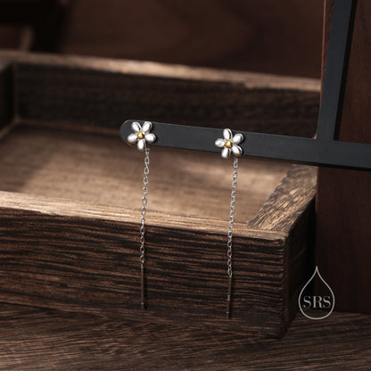 Forget Me Not Threader Earrings in Sterling Silver, Daisy Flower with Dangle Chain Earrings, Flower Chain Earrings