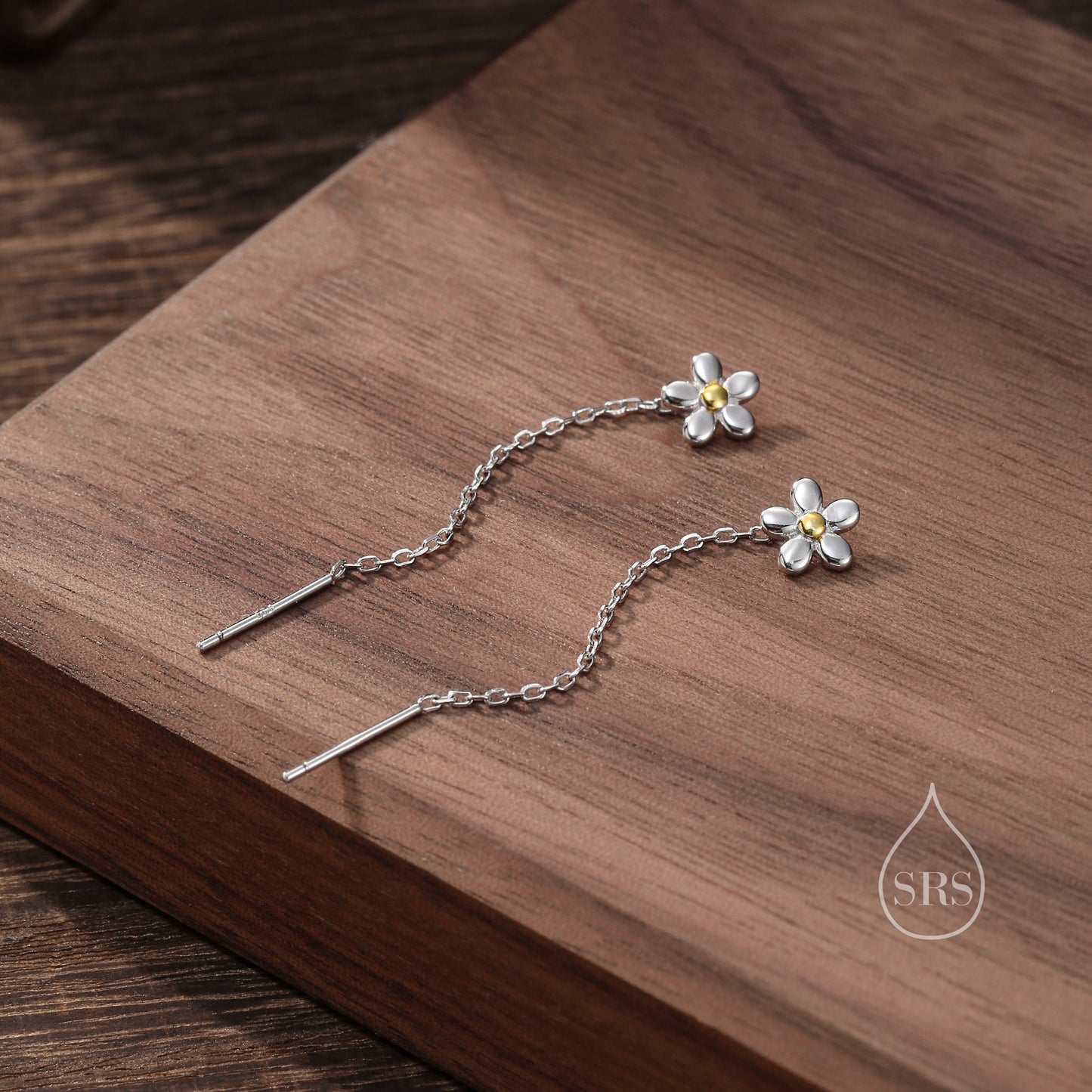 Forget Me Not Threader Earrings in Sterling Silver, Daisy Flower with Dangle Chain Earrings, Flower Chain Earrings