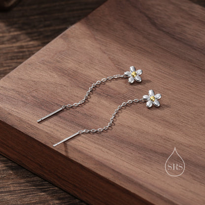 Forget Me Not Threader Earrings in Sterling Silver, Daisy Flower with Dangle Chain Earrings,  Flower Chain Earrings