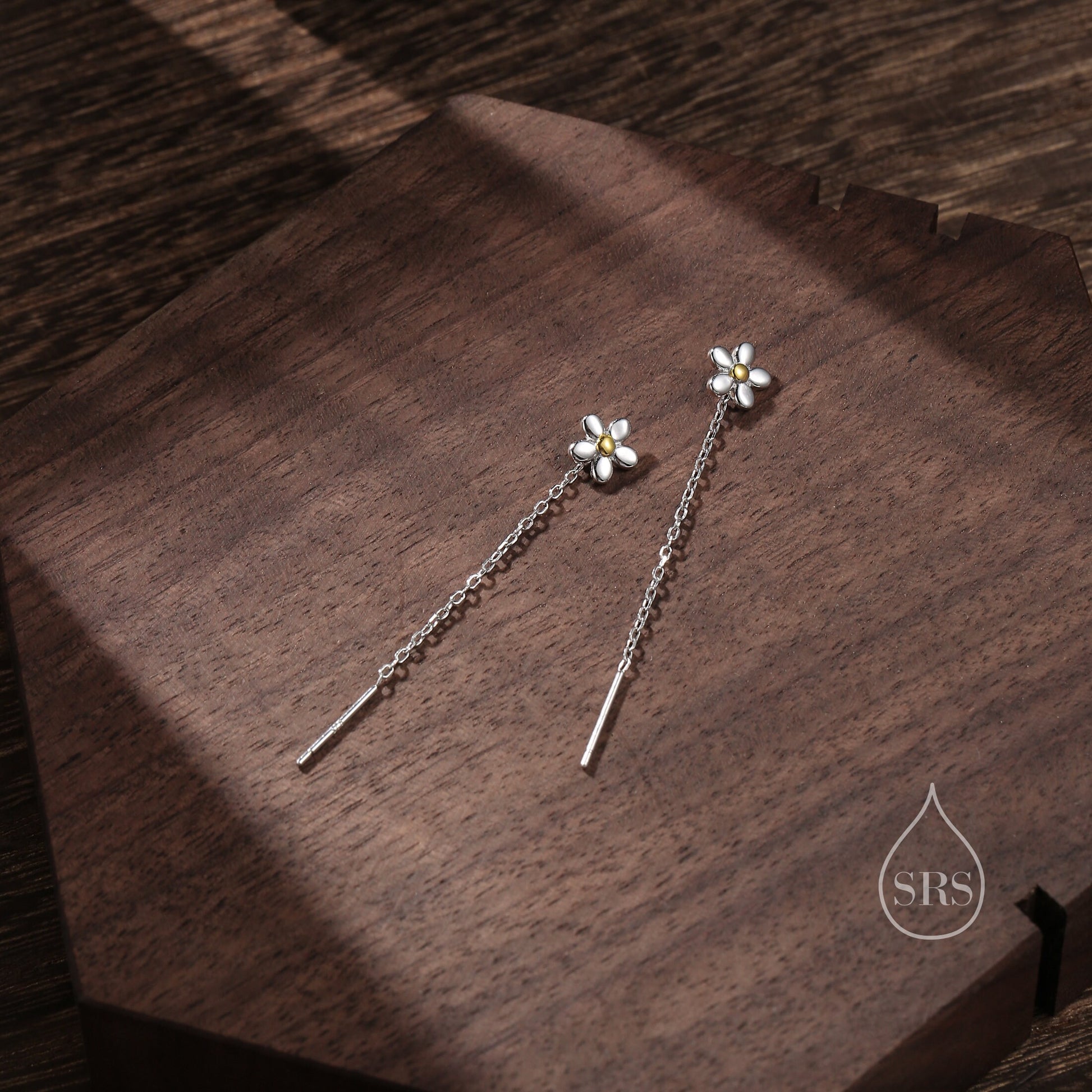 Forget Me Not Threader Earrings in Sterling Silver, Daisy Flower with Dangle Chain Earrings, Flower Chain Earrings