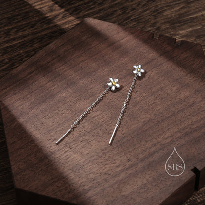 Forget Me Not Threader Earrings in Sterling Silver, Daisy Flower with Dangle Chain Earrings, Flower Chain Earrings