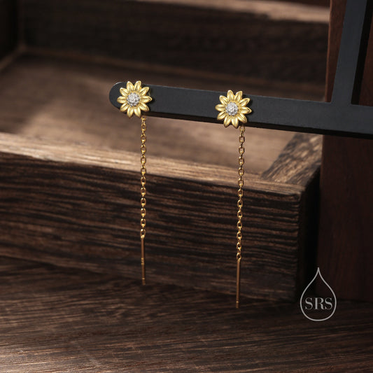 Sunflower Threader Earrings in Sterling Silver, Sunflower with Dangle Chain Earrings, Flower Chain Earrings