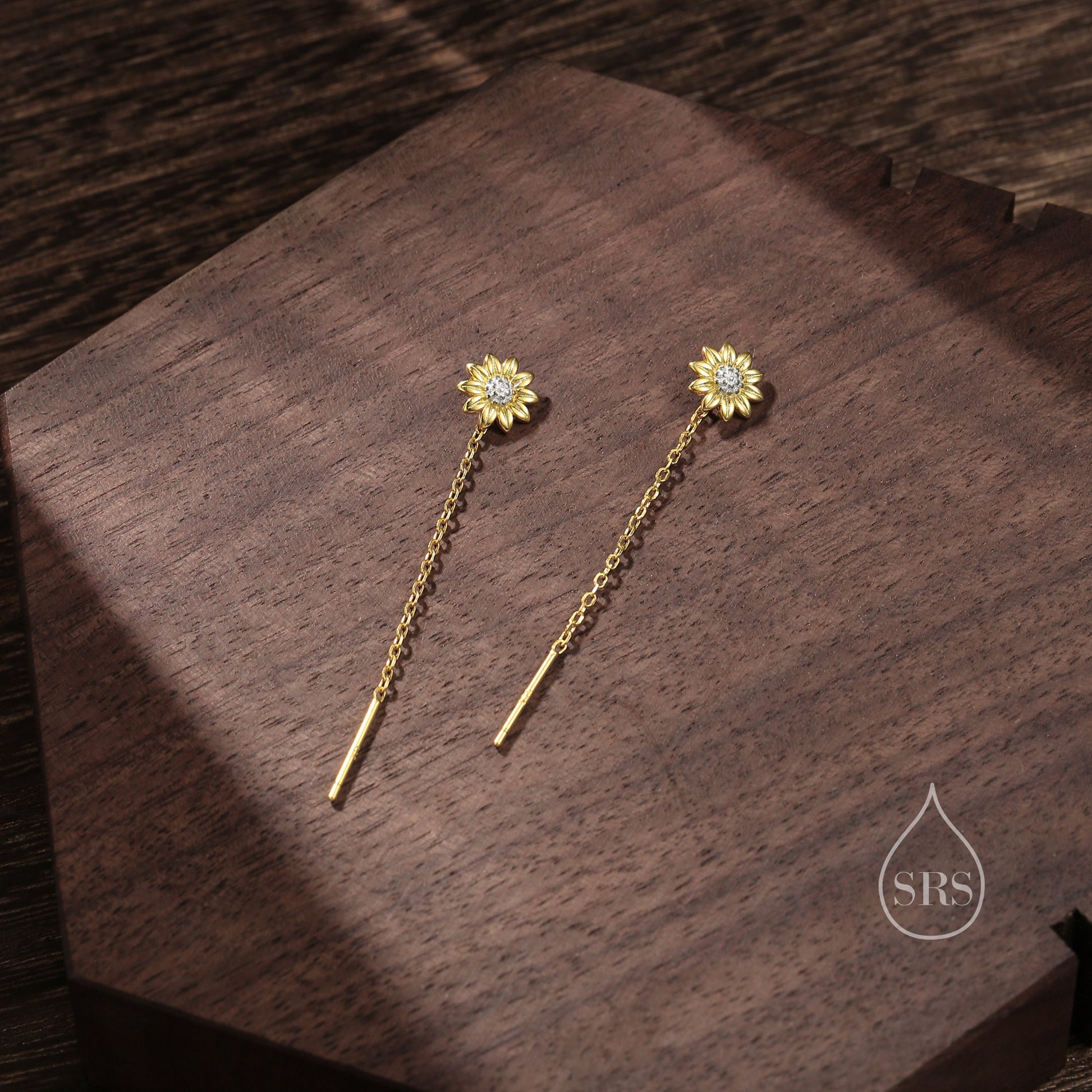 Sunflower Threader Earrings in Sterling Silver, Sunflower with Dangle Chain Earrings, Flower Chain Earrings
