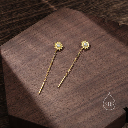 Sunflower Threader Earrings in Sterling Silver, Sunflower with Dangle Chain Earrings, Flower Chain Earrings