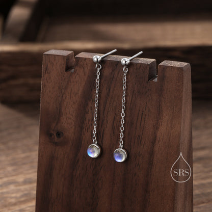 Moonstone with Chain Dangle Stud Earrings in Sterling Silver, Silver or Gold, Lab Moonstone Earrings, Minimal Dangling Moonstone Earrings