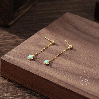 Aqua Green Opal with Chain Dangle Stud Earrings in Sterling Silver, Silver or Gold, Lab Opal Earrings, Minimal Dangling Opal Earrings