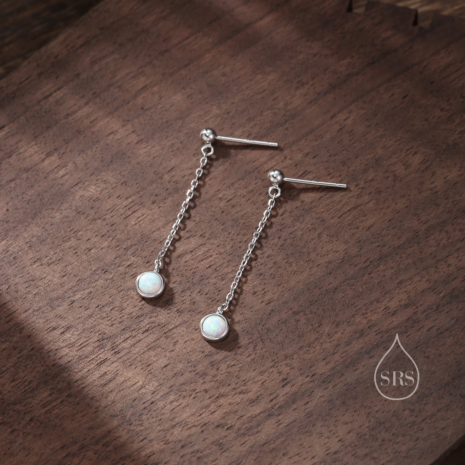 Sale! White Opal with Chain Dangle Stud Earrings in Sterling Silver, Silver or Gold, Lab Opal Earrings, Minimal Dangling Fire Opal Earrings