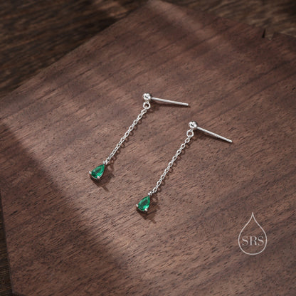 Emerald Green Droplet CZ with Chain Dangle Stud Earrings in Sterling Silver, Silver or Gold, Green CZ Pear Drop Earrings