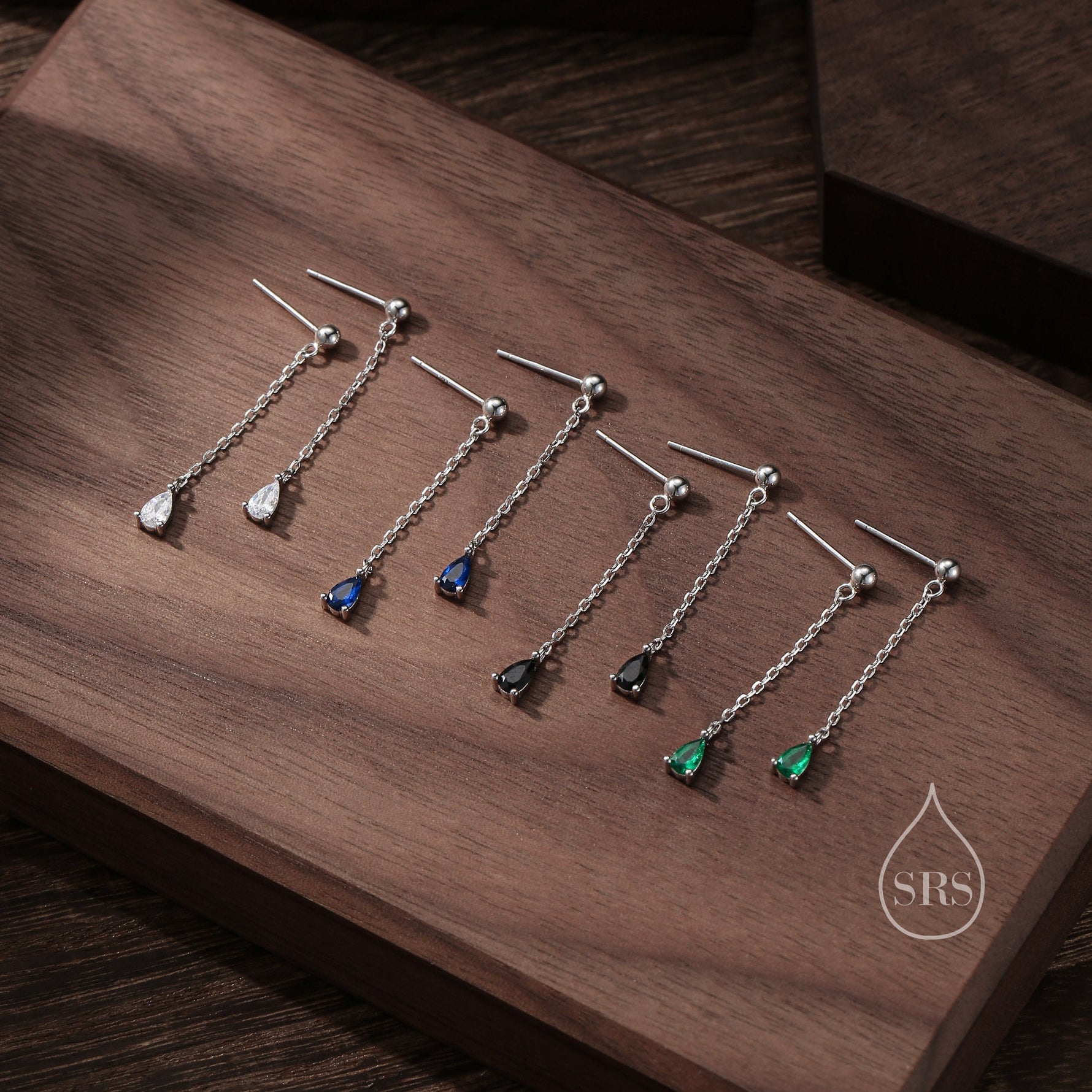 Black Droplet CZ with Chain Dangle Stud Earrings in Sterling Silver, Silver or Gold, Black CZ Pear Drop Earrings