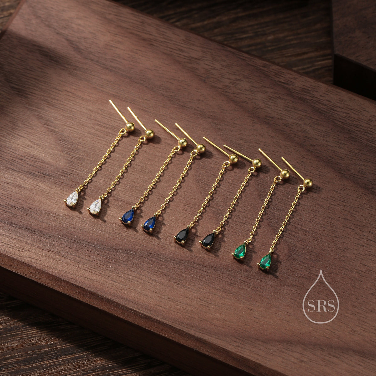 Black Droplet CZ with Chain Dangle Stud Earrings in Sterling Silver, Silver or Gold, Black CZ Pear Drop Earrings