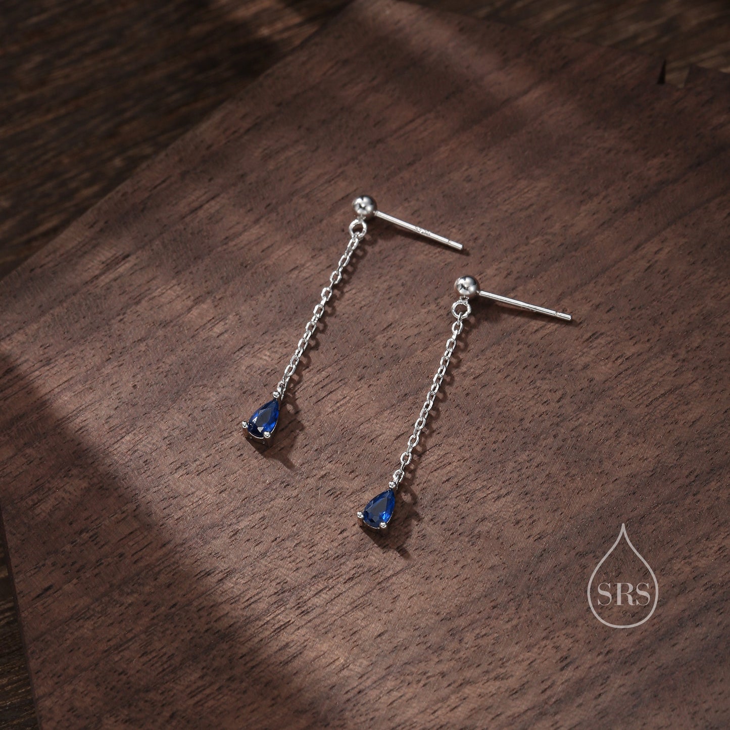 Sapphire Blue Droplet CZ with Chain Dangle Stud Earrings in Sterling Silver, Silver or Gold, Blue CZ Pear Drop Earrings