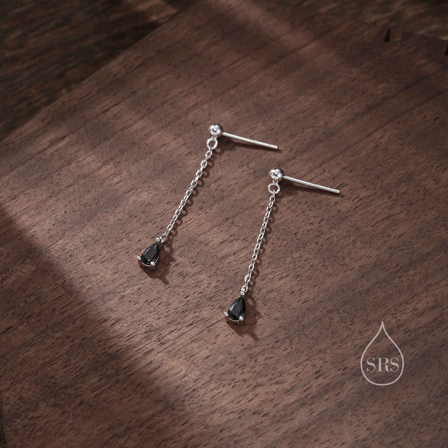 Black Droplet CZ with Chain Dangle Stud Earrings in Sterling Silver, Silver or Gold, Black CZ Pear Drop Earrings