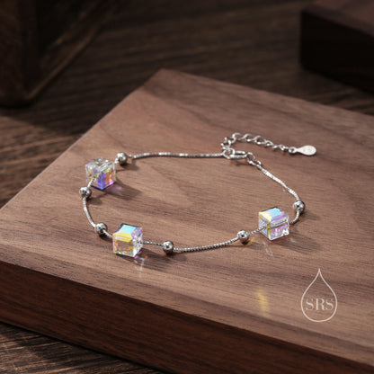 Sterling Silver Aurora Borealis AB Crystal Bracelet, Three Cube Crystal Bracelet, Crystal Cube Bracelet, Dainty and Delicate