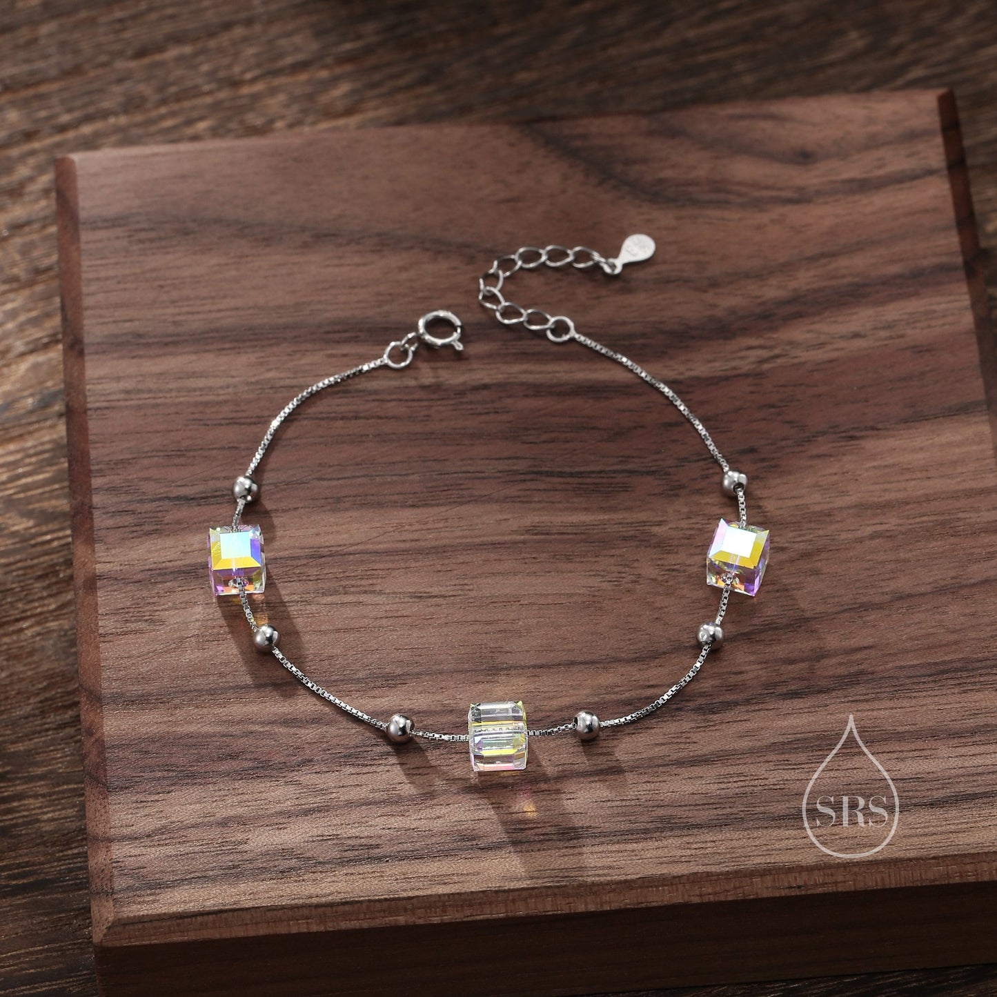 Sterling Silver Aurora Borealis AB Crystal Bracelet, Three Cube Crystal Bracelet, Crystal Cube Bracelet, Dainty and Delicate