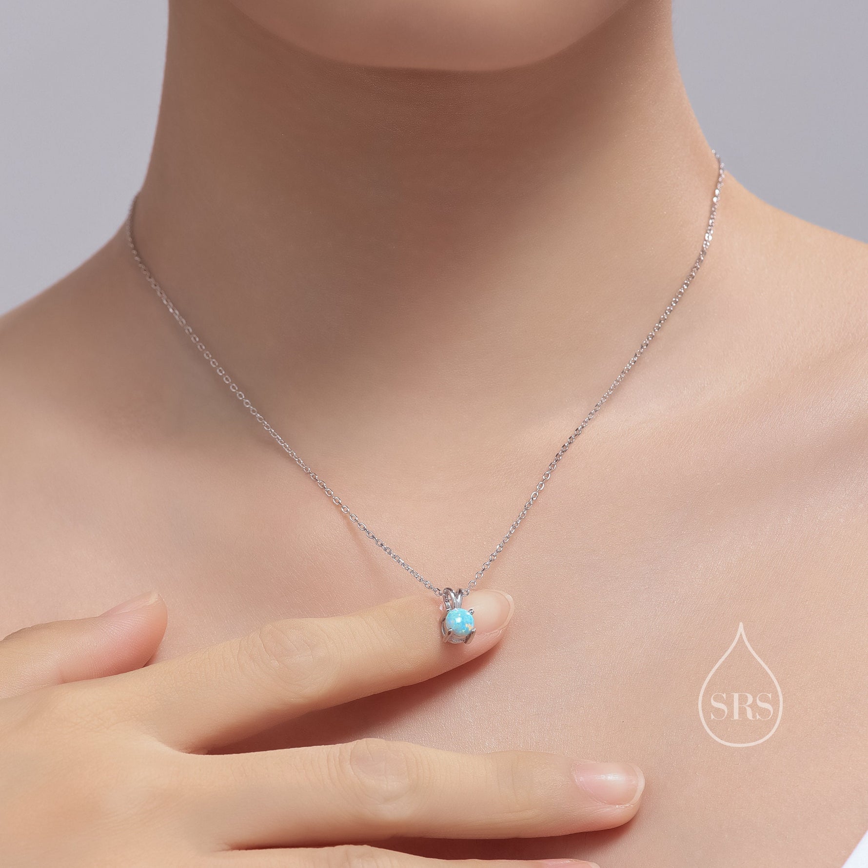 Tiny Aqua Green Opal Pendant Necklace in Sterling Silver, 5mm Lab Opal Necklace, Single Opal Necklace, Fire Opal Necklace
