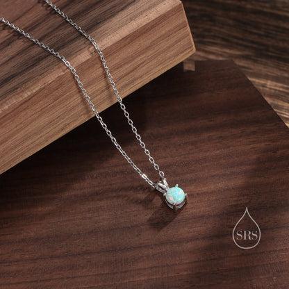 Tiny Aqua Green Opal Pendant Necklace  in Sterling Silver, 5mm Lab Opal Necklace,  Single Opal Necklace, Fire Opal Necklace