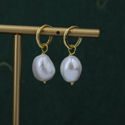 Baroque Pearl with Skinny Hammered Hoop Earrings in Sterling Silver, Detachable Pearl Hoop Earrings, Pearl Huggie Hoops, Keshi Pearls