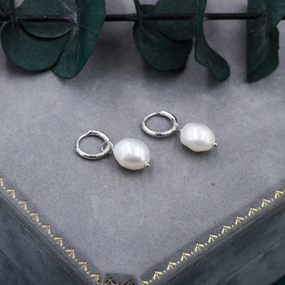 Baroque Pearl with Skinny Hammered Hoop Earrings in Sterling Silver, Detachable Pearl Hoop Earrings, Pearl Huggie Hoops, Keshi Pearls