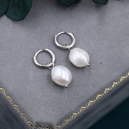 Baroque Pearl with Skinny Hammered Hoop Earrings in Sterling Silver, Detachable Pearl Hoop Earrings, Pearl Huggie Hoops, Keshi Pearls