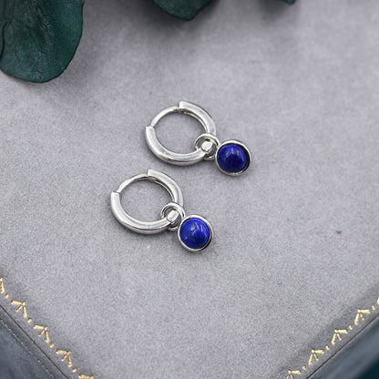 Sterling Silver Dangling Lapis Lazuli Hoop Earrings, Detachable Blue Lapis Coin Dangle Hoop Earrings, Interchangeable