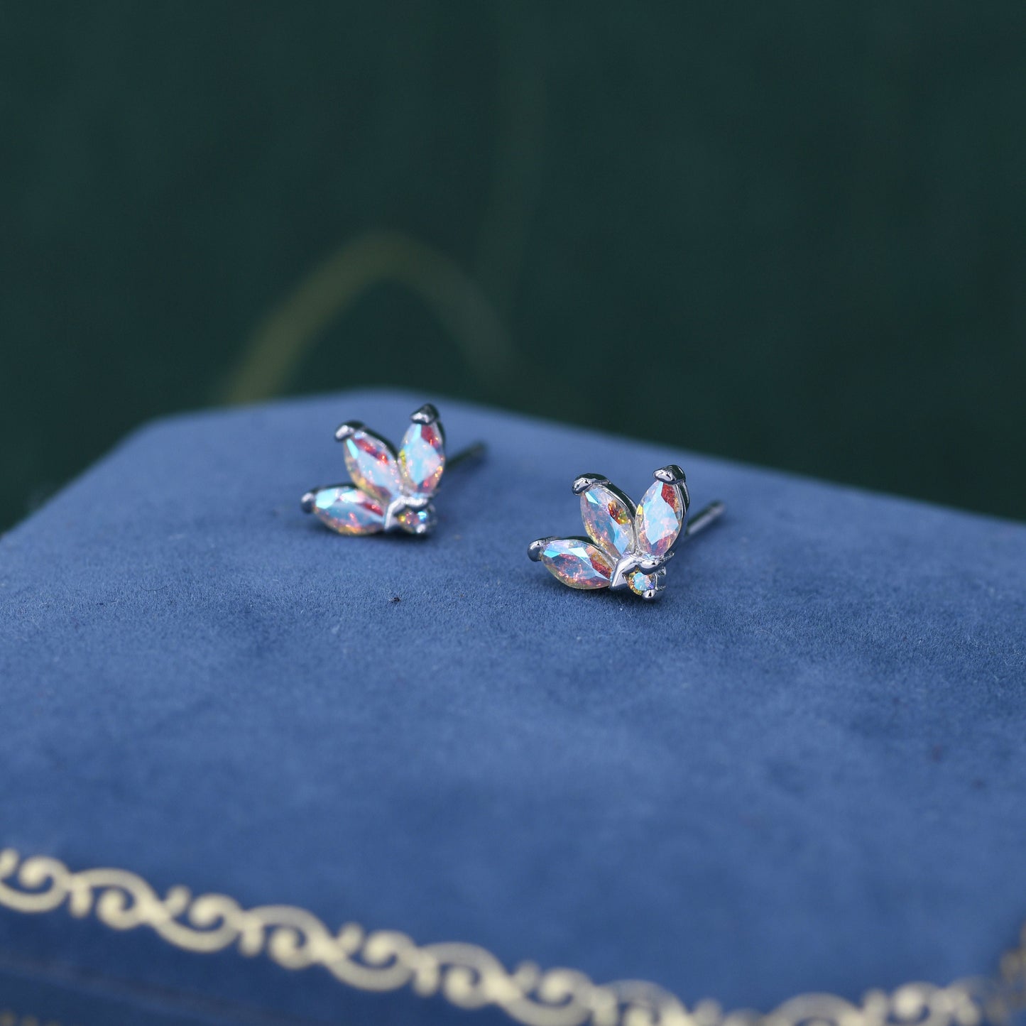 Mystic AB CZ Marquise Crown Stud Earrings in Sterling Silver, Silver or Gold, Colour Changing Aurora Cluster Earrings, CZ Cluster Earrings