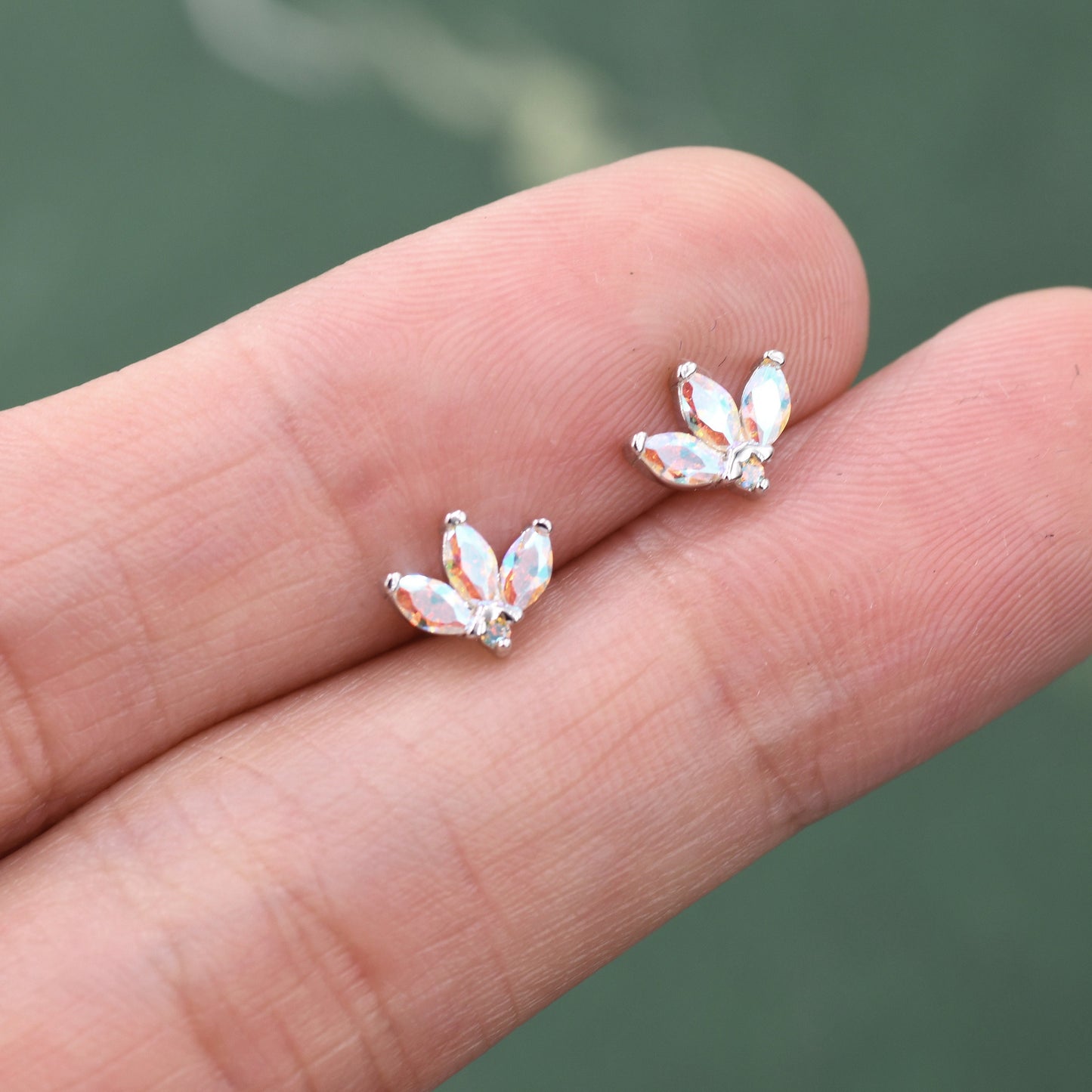 Mystic AB CZ Marquise Crown Stud Earrings in Sterling Silver, Silver or Gold, Colour Changing Aurora Cluster Earrings, CZ Cluster Earrings