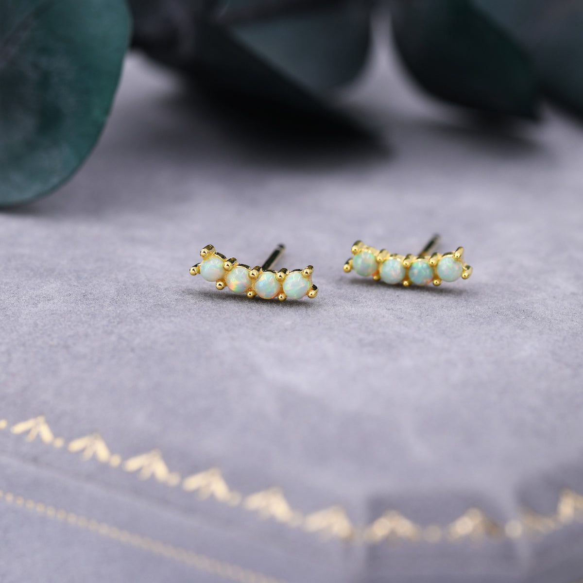 Tiny Little Green Opal Curved Bar Stud Earrings in Sterling Silver, Silver or Gold, Aqua Blue Opal Bar Earrings