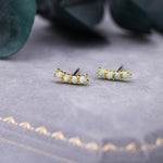 Tiny Little Green Opal Curved Bar Stud Earrings in Sterling Silver, Silver or Gold, Aqua Blue Opal Bar Earrings