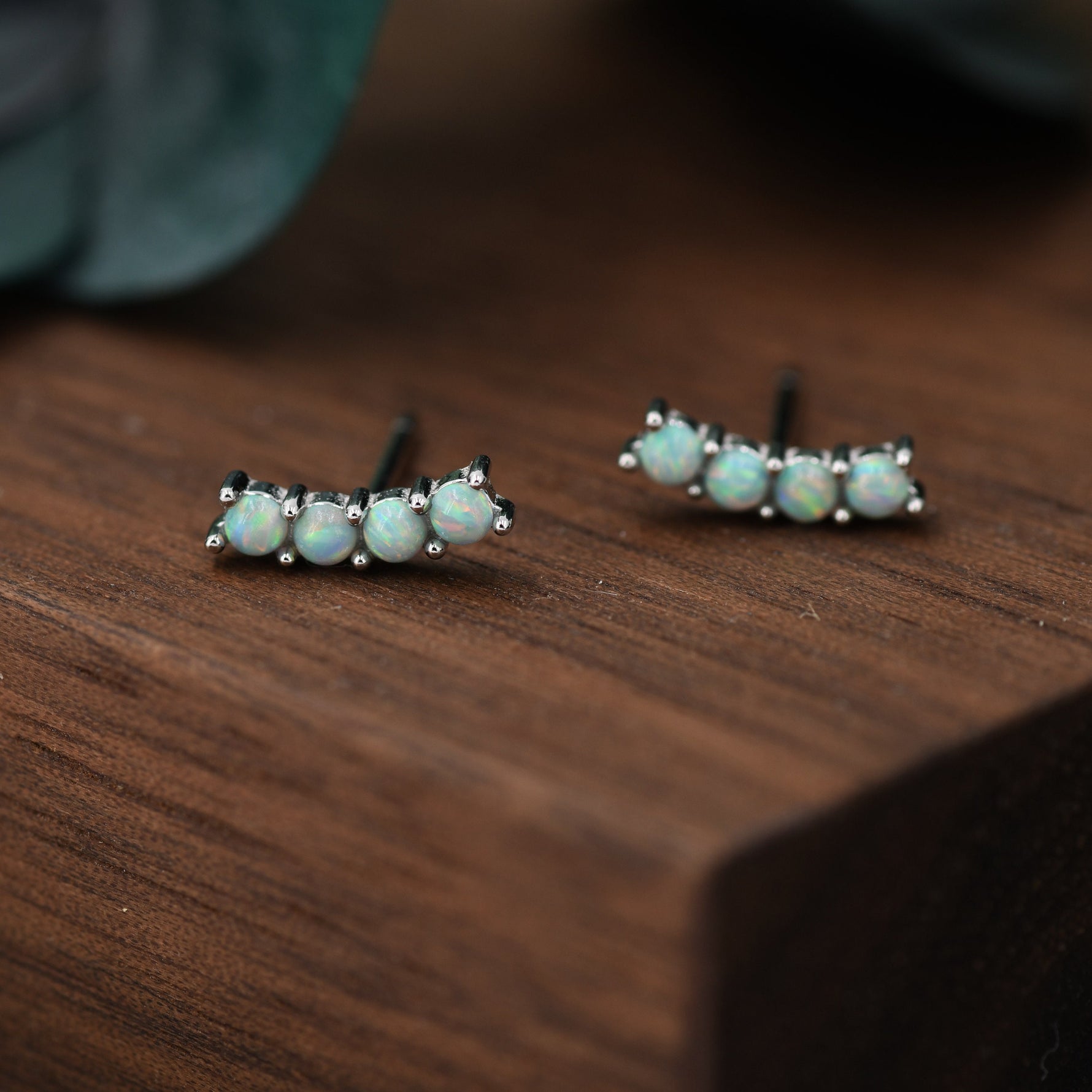 Tiny Little Green Opal Curved Bar Stud Earrings in Sterling Silver, Silver or Gold, Aqua Blue Opal Bar Earrings