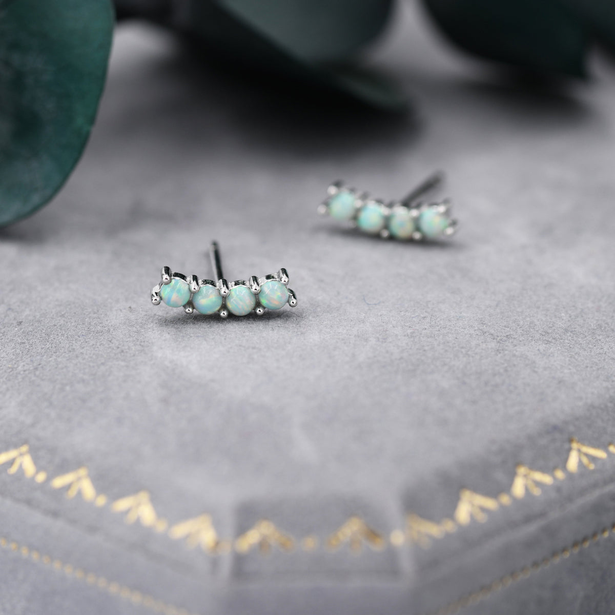 Tiny Little Green Opal Curved Bar Stud Earrings in Sterling Silver, Silver or Gold, Aqua Blue Opal Bar Earrings